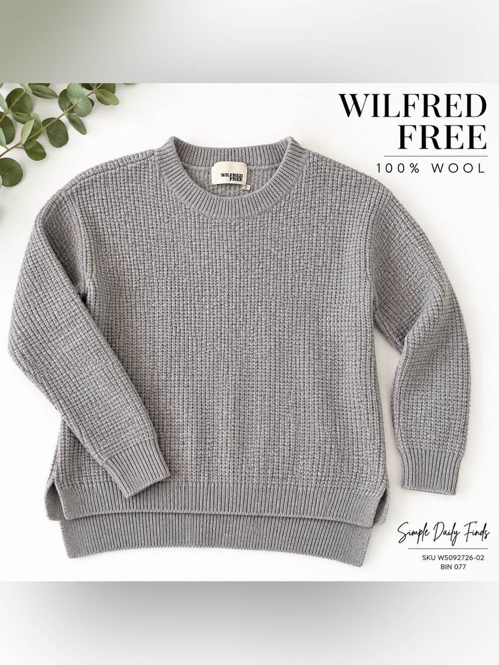 Wilfred Free Aritzia 100% Wool Gray Waffle Knit Crewneck Sweater